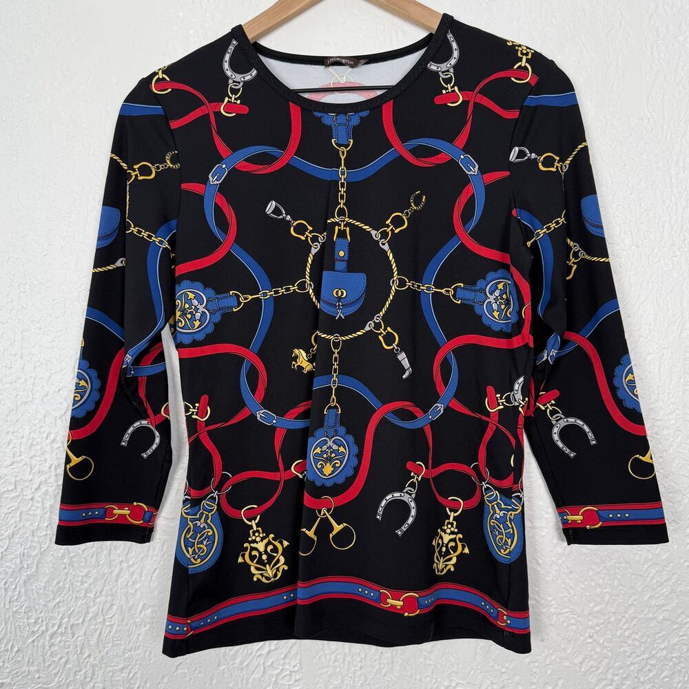 J. McLaughlin Catalina Cloth Equestrian Print 3/4 Sleeve Top Size Medium